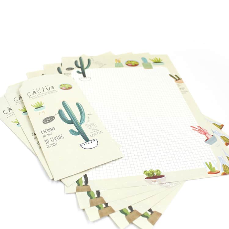 Papel de carta + envelope - Cactus - Padrão quadriculado e 